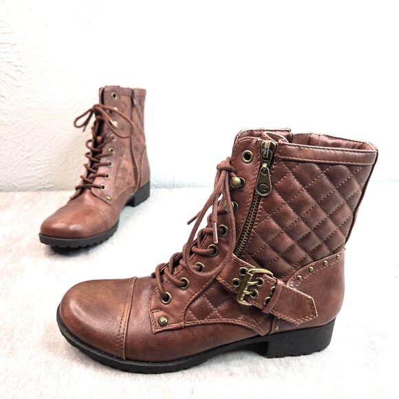Guess Biker Boots Studded Quilted Lace Up Grunge Combat Brown Booties Size 6.5 - Picture 1 of 12